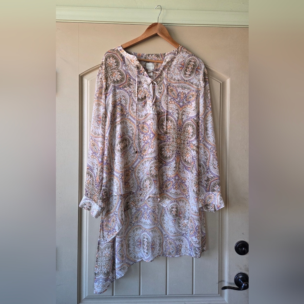 Chico's Sz 3 (XL) Asymmetric Mandala Pattern Boho Tunic Blouse w/Lace-Up Front